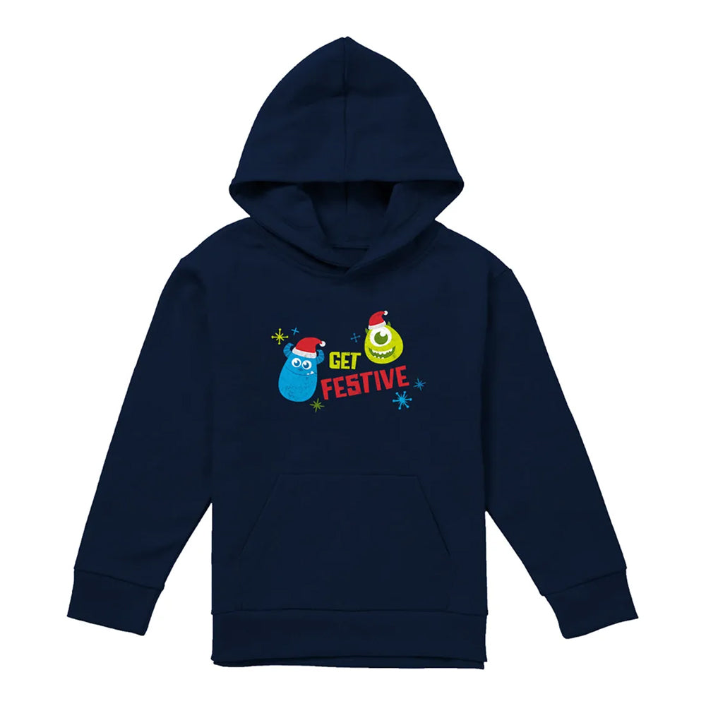 Navy - Front - Monsters Inc Childrens-Kids Get Festive For Christmas Mike & Sulley Hoodie