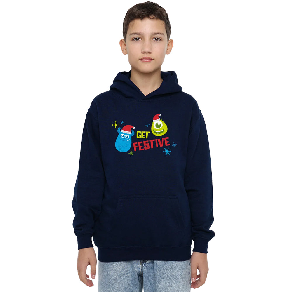 Navy - Side - Monsters Inc Childrens-Kids Get Festive For Christmas Mike & Sulley Hoodie