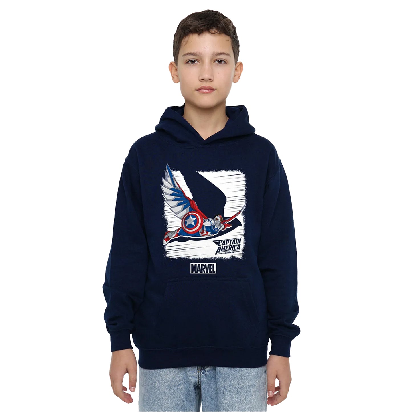 Navy - Side - Captain America Childrens-Kids Falcon Pull Over Hoodie
