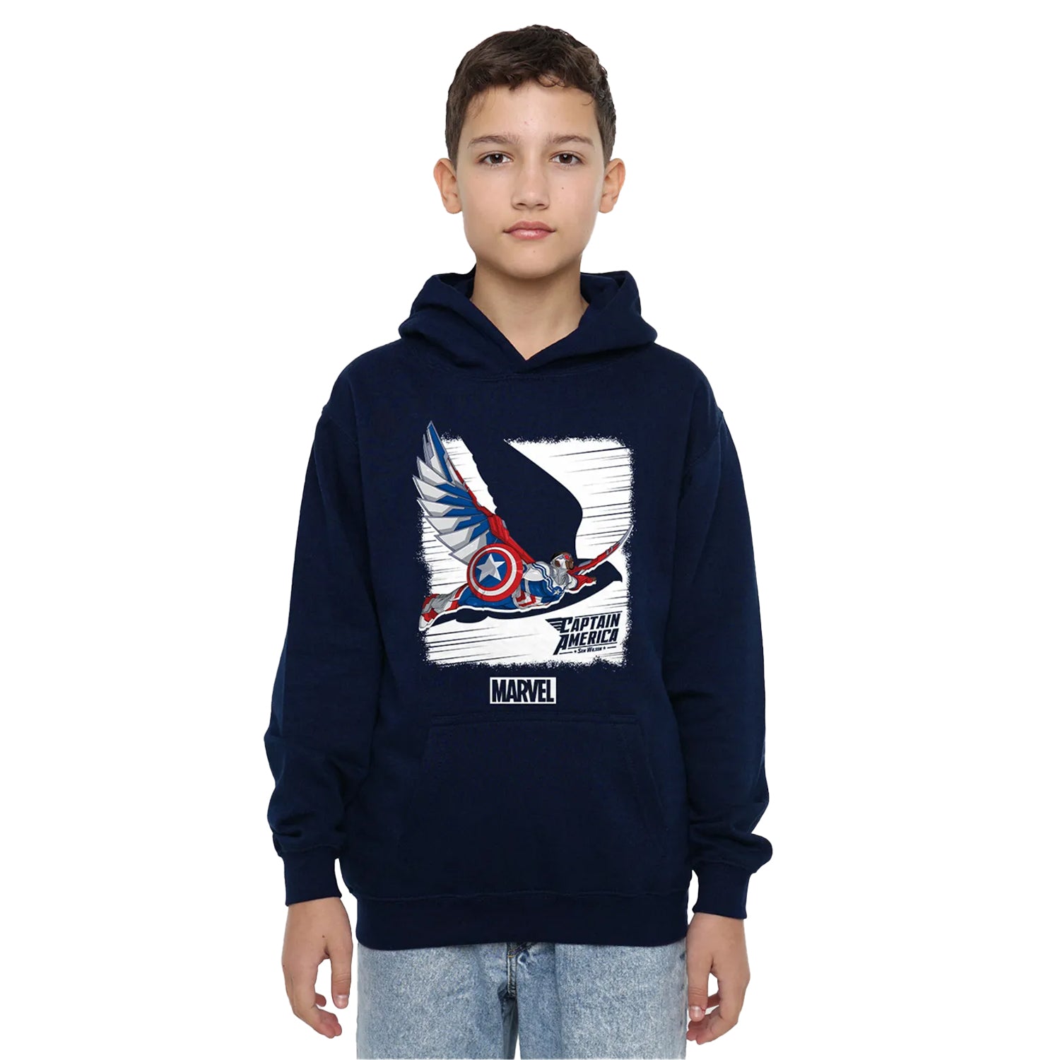 Navy - Side - Captain America Childrens-Kids Falcon Pull Over Hoodie