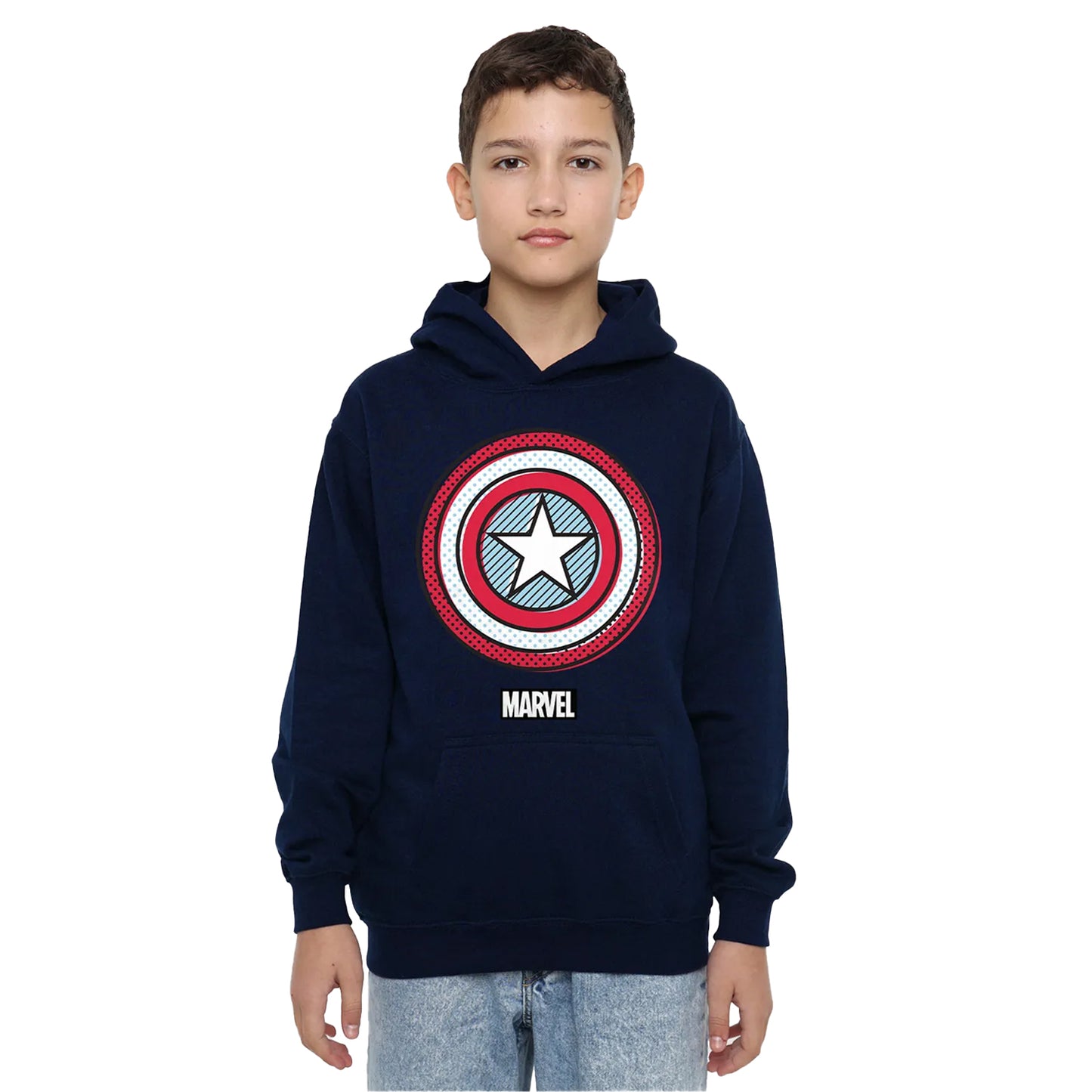 Navy - Side - Captain America Childrens-Kids Ziptone Shield Hoodie