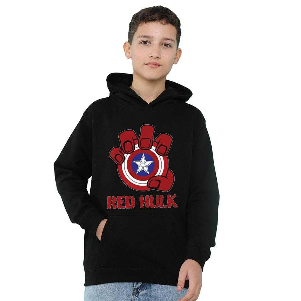 Black - Side - Captain America Childrens-Kids Red Hulk Shield Pull Over Hoodie