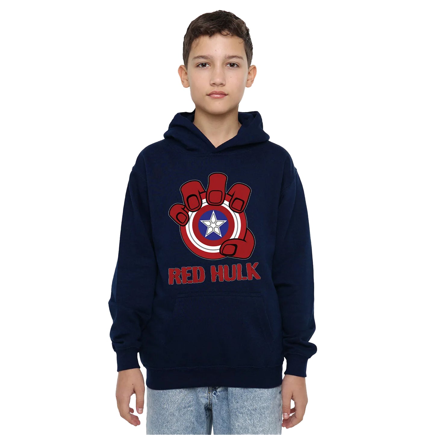 Navy - Side - Captain America Childrens-Kids Red Hulk Shield Pull Over Hoodie