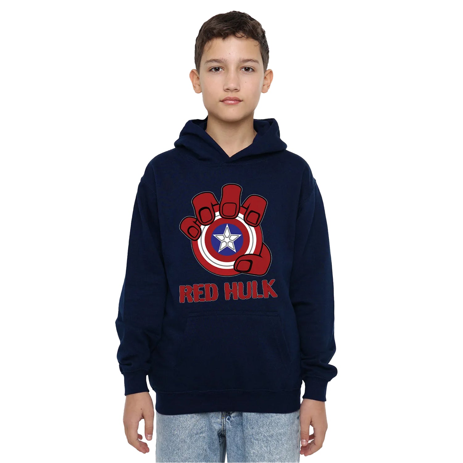 Navy - Side - Captain America Childrens-Kids Red Hulk Shield Pull Over Hoodie