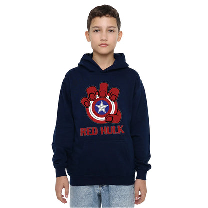 Navy - Side - Captain America Childrens-Kids Red Hulk Shield Pull Over Hoodie