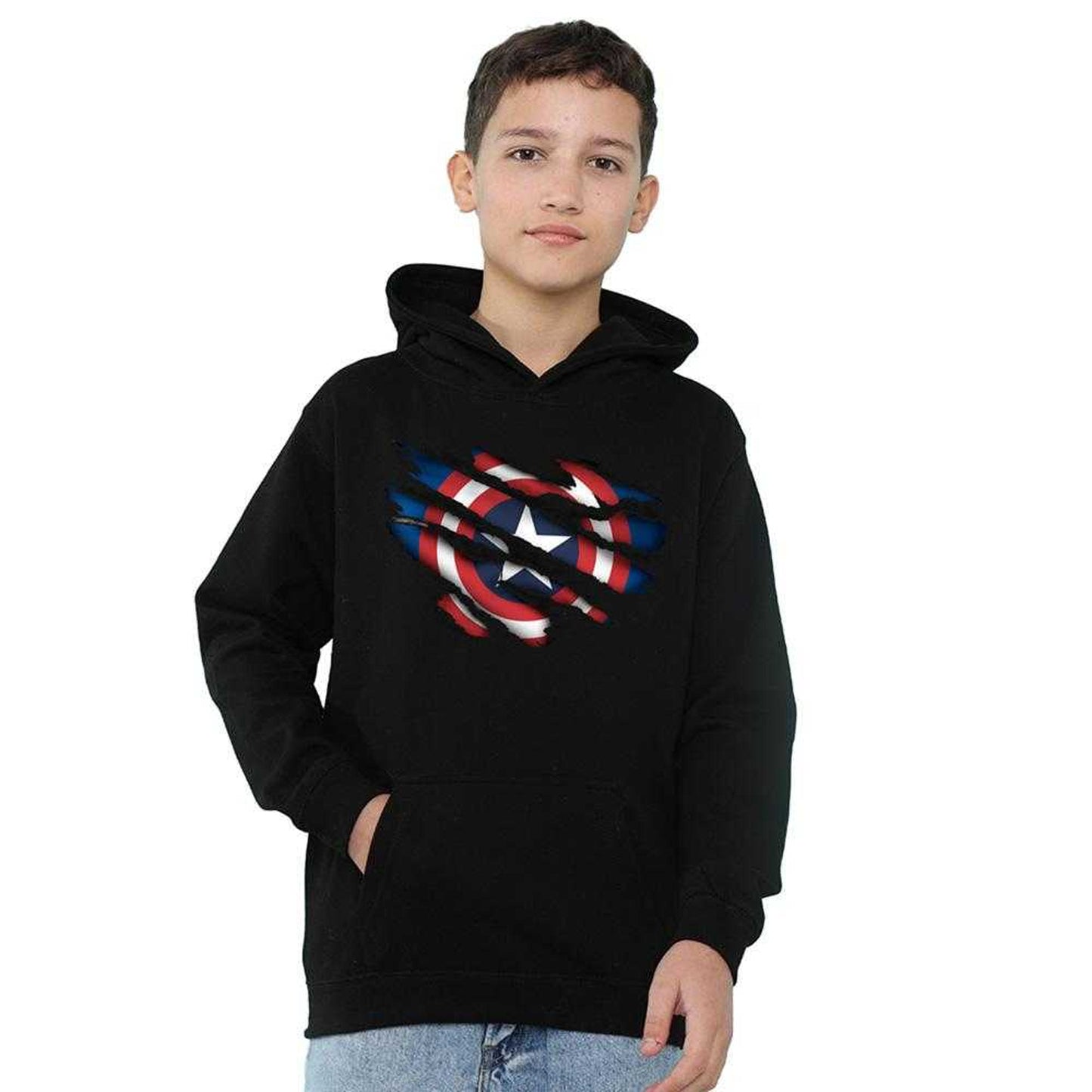 Black - Side - Captain America Childrens-Kids Pull Over Hoodie