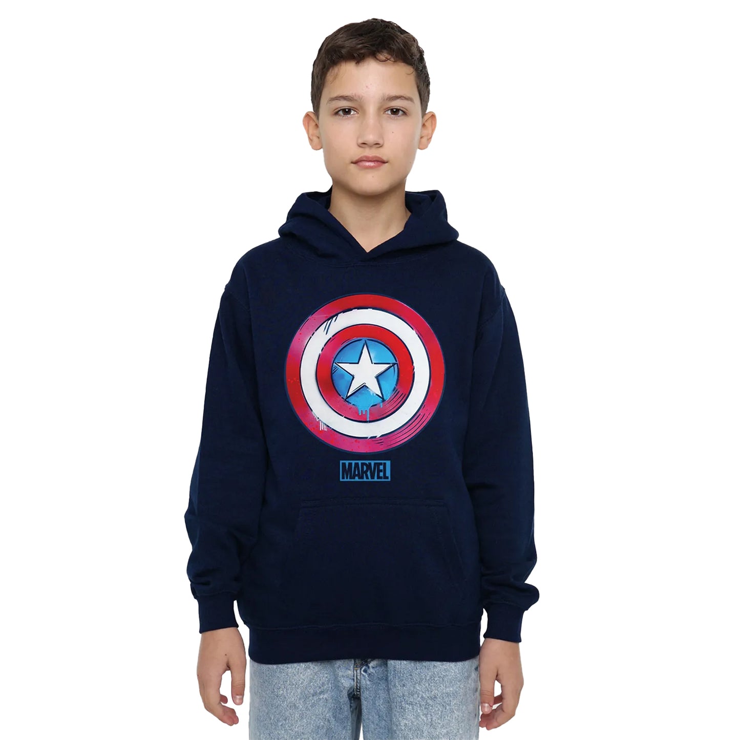 Navy - Side - Captain America Childrens-Kids Shield Pull Over Hoodie