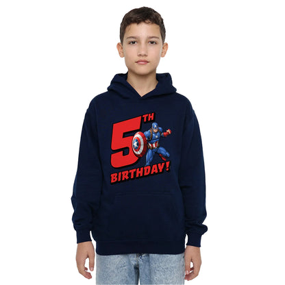 Navy - Side - Captain America Childrens-Kids 5th Birthday Pull Over Hoodie