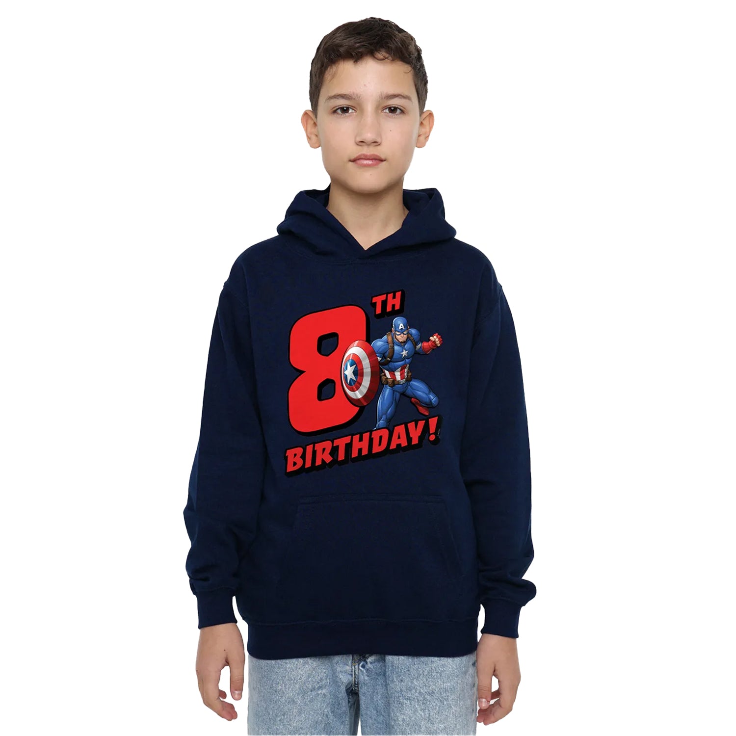 Navy - Side - Captain America Childrens-Kids 8th Birthday Pull Over Hoodie