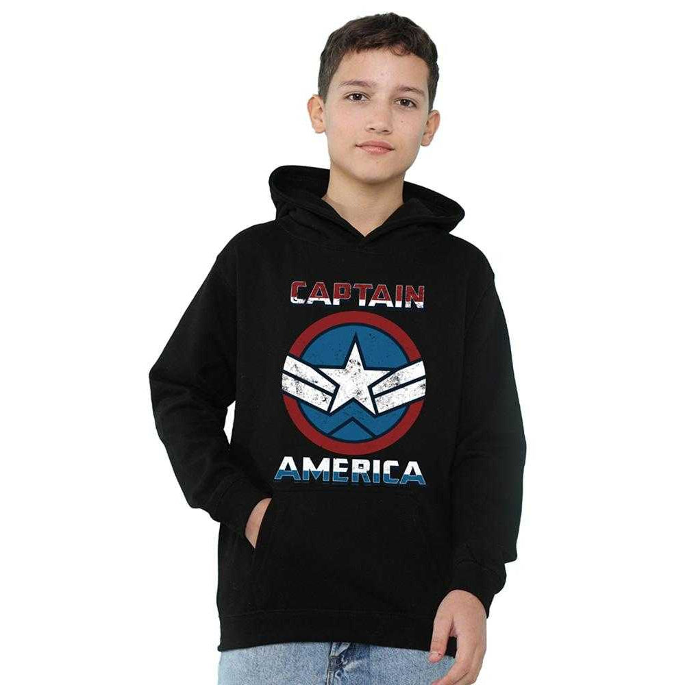 Black - Side - Captain America Childrens-Kids Badge Pull Over Hoodie
