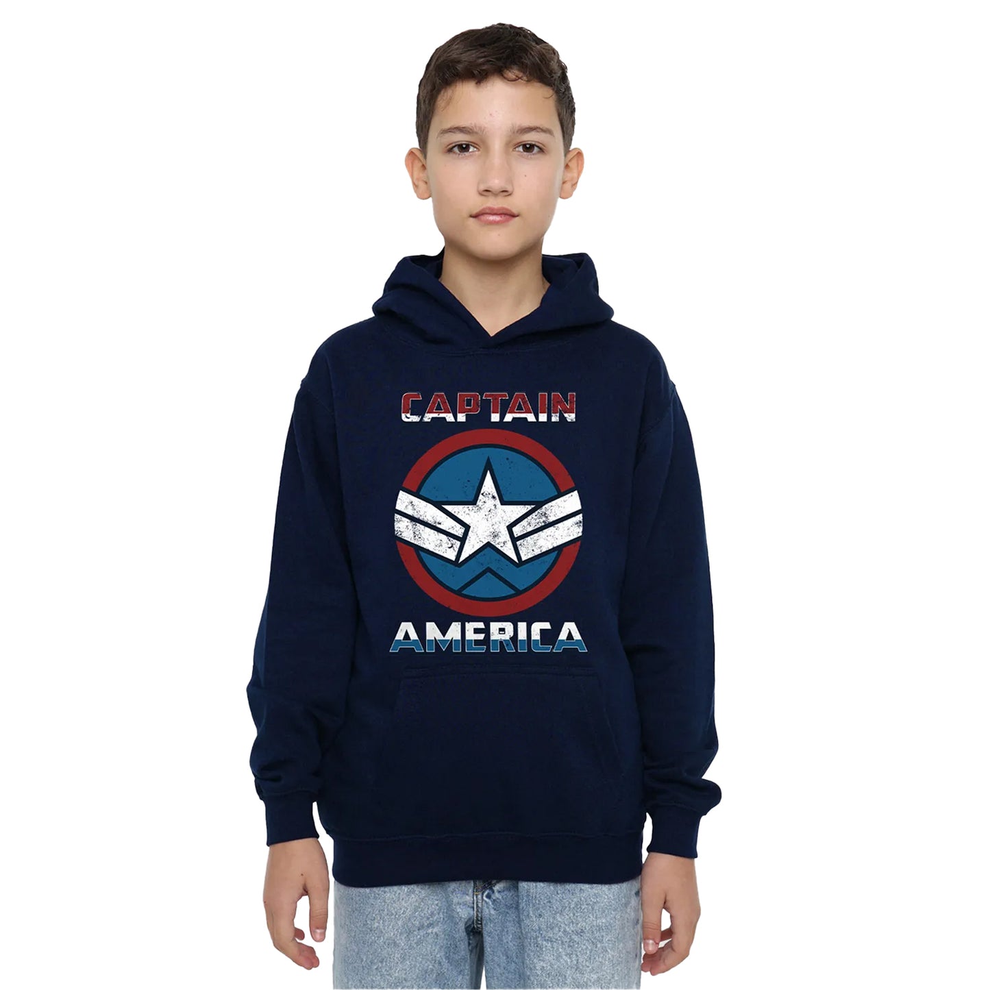 Navy - Side - Captain America Childrens-Kids Badge Pull Over Hoodie
