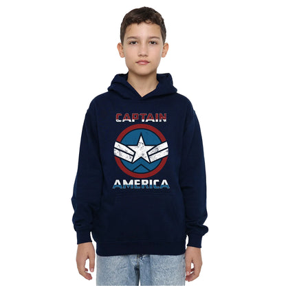 Navy - Side - Captain America Childrens-Kids Badge Pull Over Hoodie