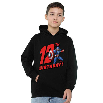 Black - Side - Captain America Childrens-Kids Pull Over 12th Birthday Hoodie