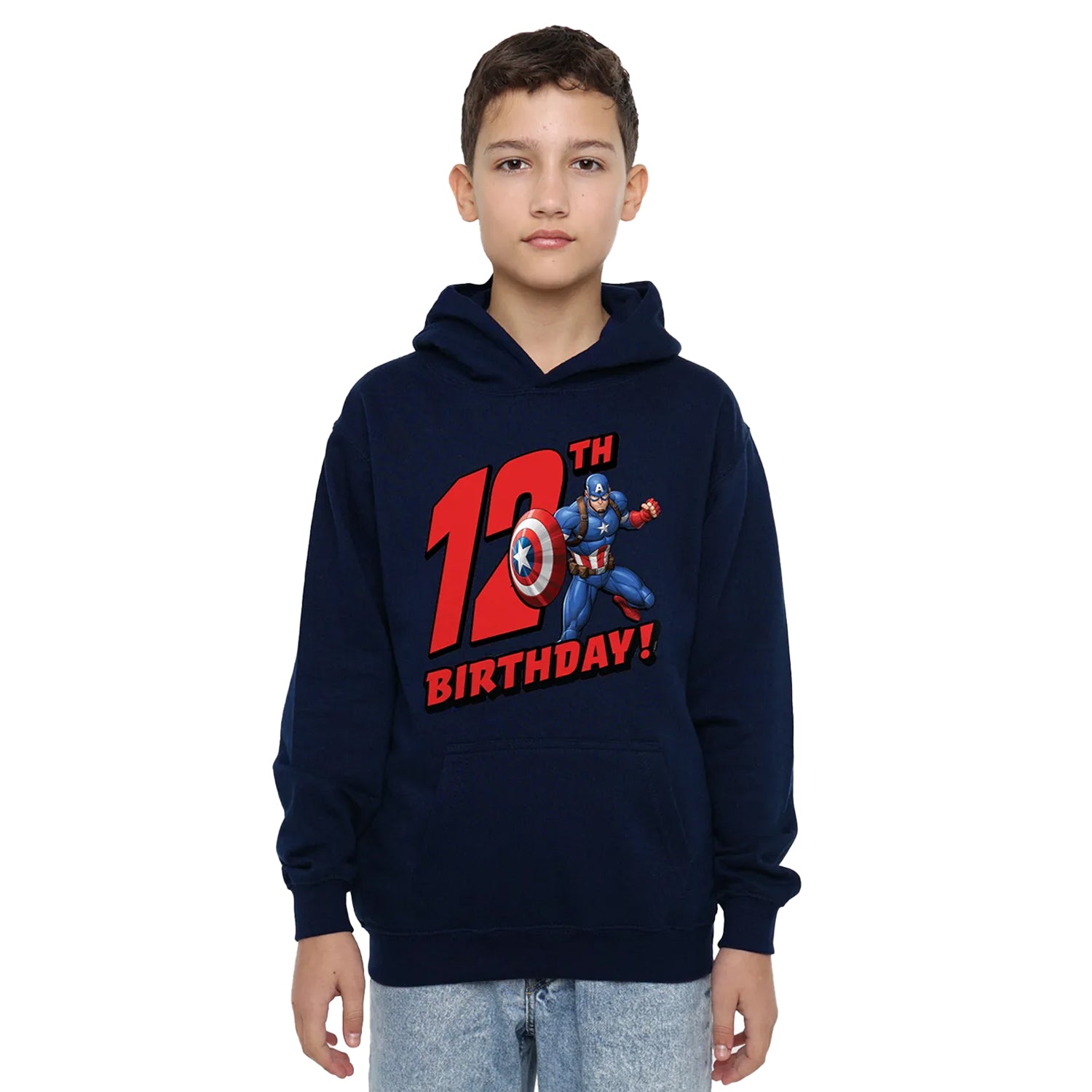 Navy - Side - Captain America Childrens-Kids Pull Over 12th Birthday Hoodie