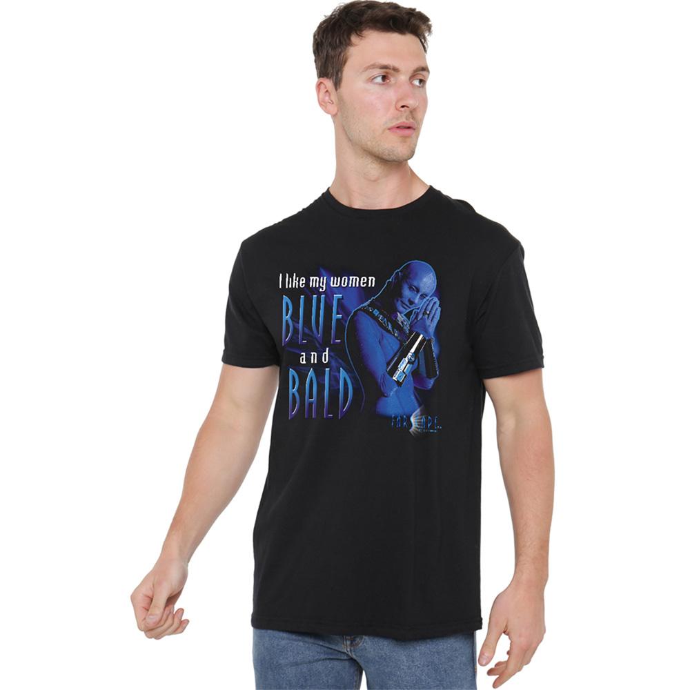 Black - Side - Farscape Unisex Adult Blue And Bald T-Shirt