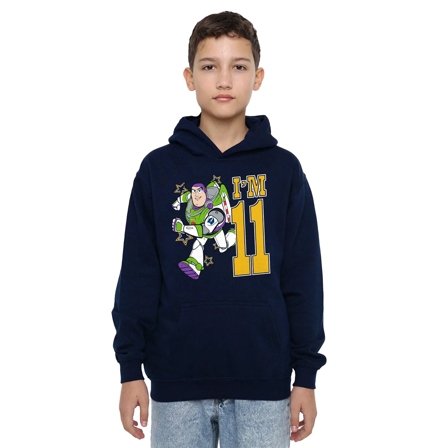 Navy - Side - Toy Story Childrens-Kids I´m 11 Buzz Lightyear Birthday Pullover Hoodie