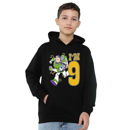Black - Side - Toy Story Childrens-Kids I´m 9 Buzz Lightyear Birthday Pullover Hoodie
