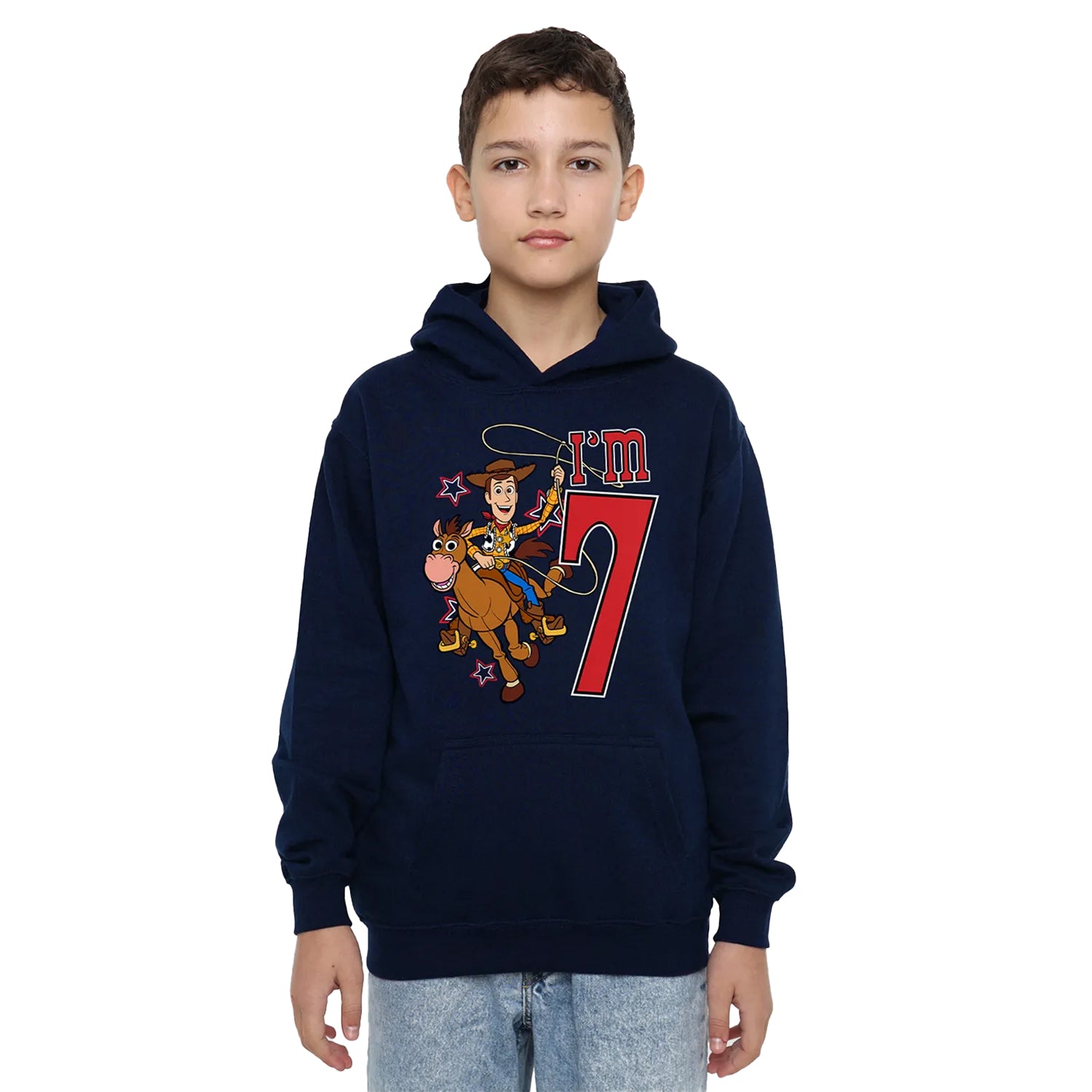 Navy - Side - Toy Story Childrens-Kids I´m 7 Woody Birthday Pullover Hoodie