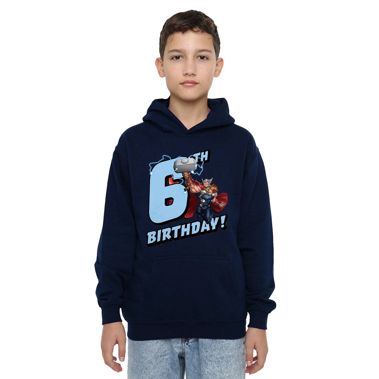 Navy - Side - Marvel Childrens-Kids Thor 6th Birthday Hoodie