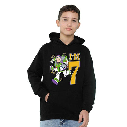 Black - Side - Toy Story Childrens-Kids I´m 7 Buzz Lightyear Birthday Hoodie