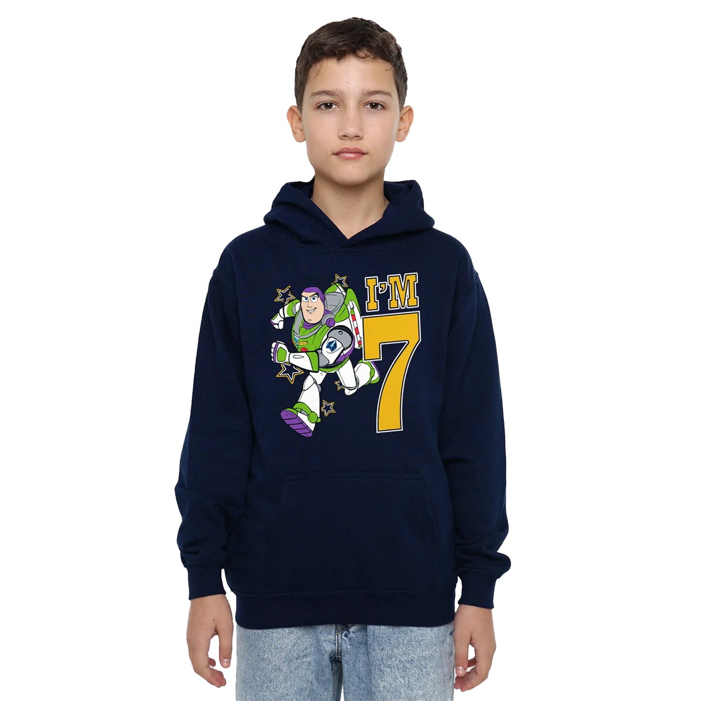 Navy - Side - Toy Story Childrens-Kids I´m 7 Buzz Lightyear Birthday Hoodie
