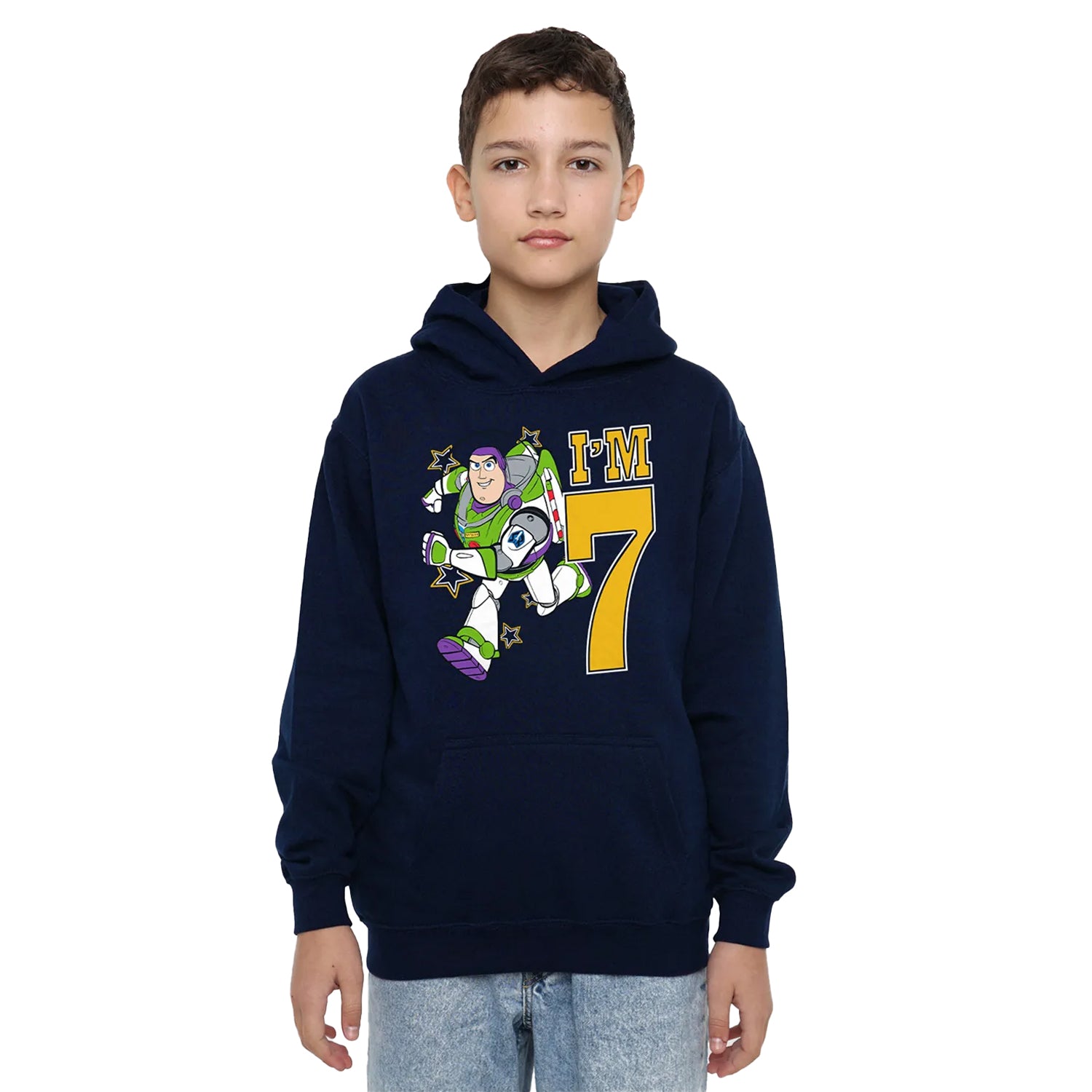 Navy - Side - Toy Story Childrens-Kids I´m 7 Buzz Lightyear Birthday Hoodie