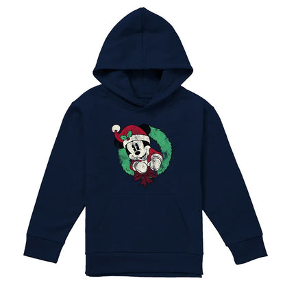 Navy - Front - Mickey Mouse Childrens-Kids Vintage Wreath Christmas Hoodie
