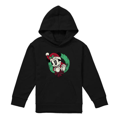 Black - Front - Mickey Mouse Childrens-Kids Vintage Wreath Christmas Hoodie