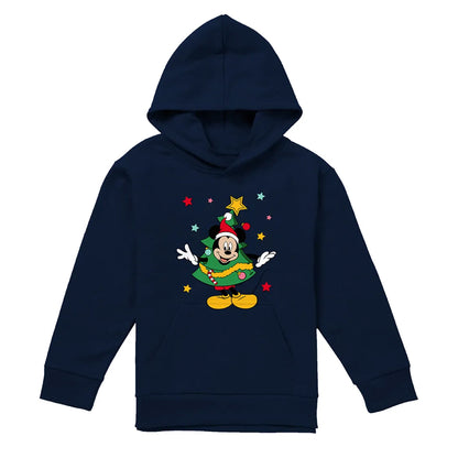 Navy - Front - Mickey Mouse Childrens-Kids Christmas Tree Hoodie