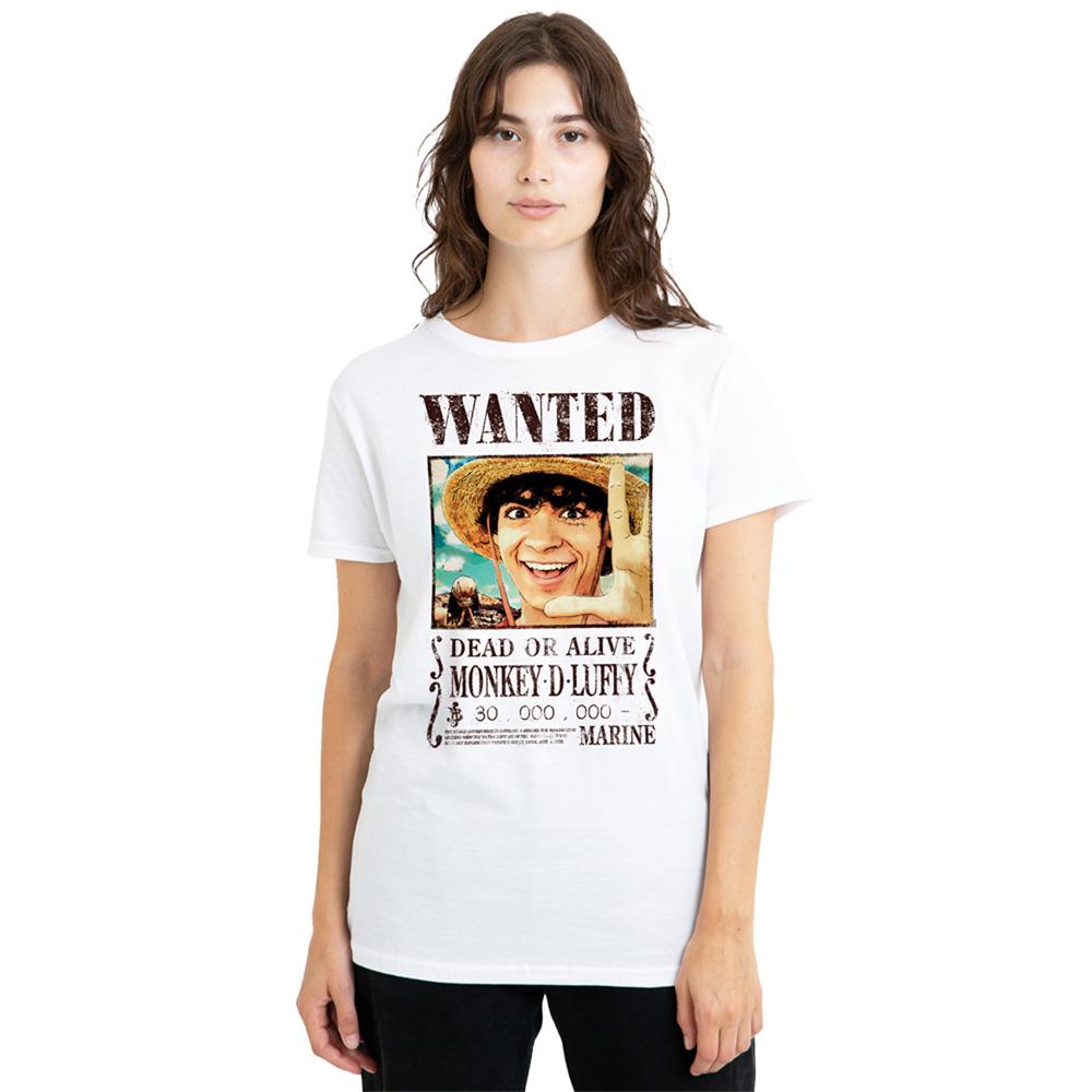 White - Lifestyle - One Piece Womens-Ladies Luffy Wanted Poster T-Shirt