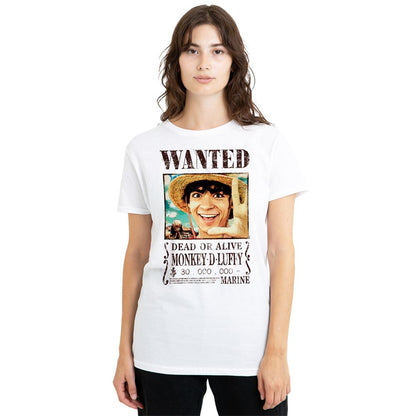 White - Lifestyle - One Piece Womens-Ladies Luffy Wanted Poster T-Shirt