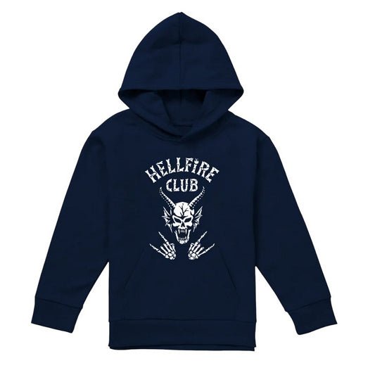 Navy - Front - Stranger Things Childrens-Kids Hellfire Club Bones Pullover Hoodie