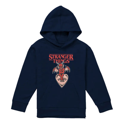 Navy - Front - Stranger Things Childrens-Kids Hellfire Heart Pullover Hoodie