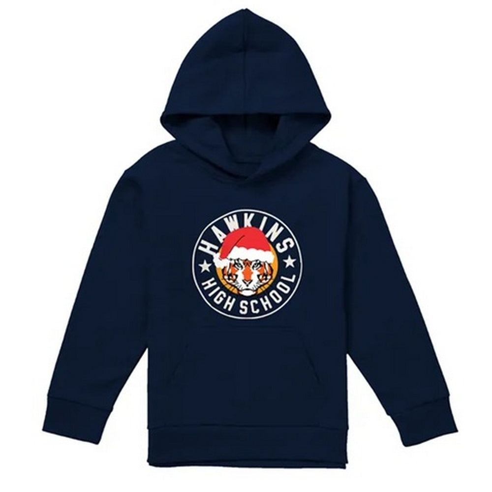 Navy - Front - Stranger Things Childrens-Kids Hawkins Badge Christmas Pullover Hoodie