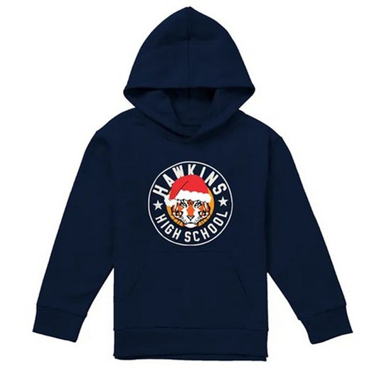 Navy - Front - Stranger Things Childrens-Kids Hawkins Badge Christmas Pullover Hoodie