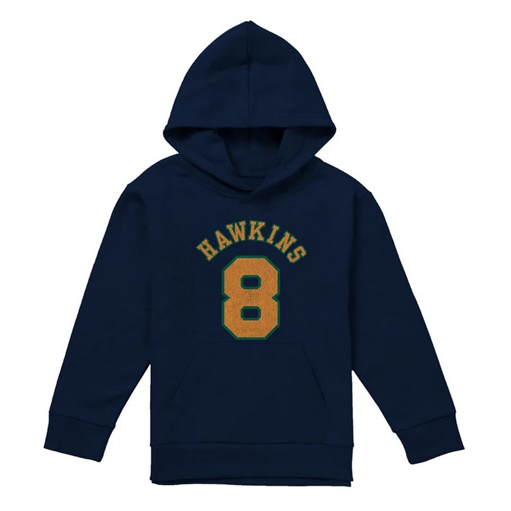 Navy - Front - Stranger Things Childrens-Kids Hawkins No 8 Pullover Hoodie