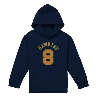 Navy - Front - Stranger Things Childrens-Kids Hawkins No 8 Pullover Hoodie