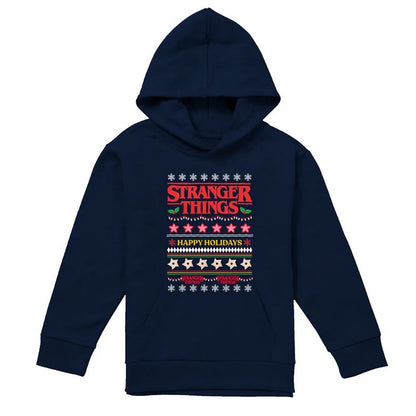 Navy - Front - Stranger Things Childrens-Kids Ugly Demogorgon Christmas Pullover Hoodie