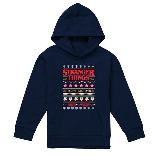 Navy - Front - Stranger Things Childrens-Kids Ugly Demogorgon Christmas Pullover Hoodie