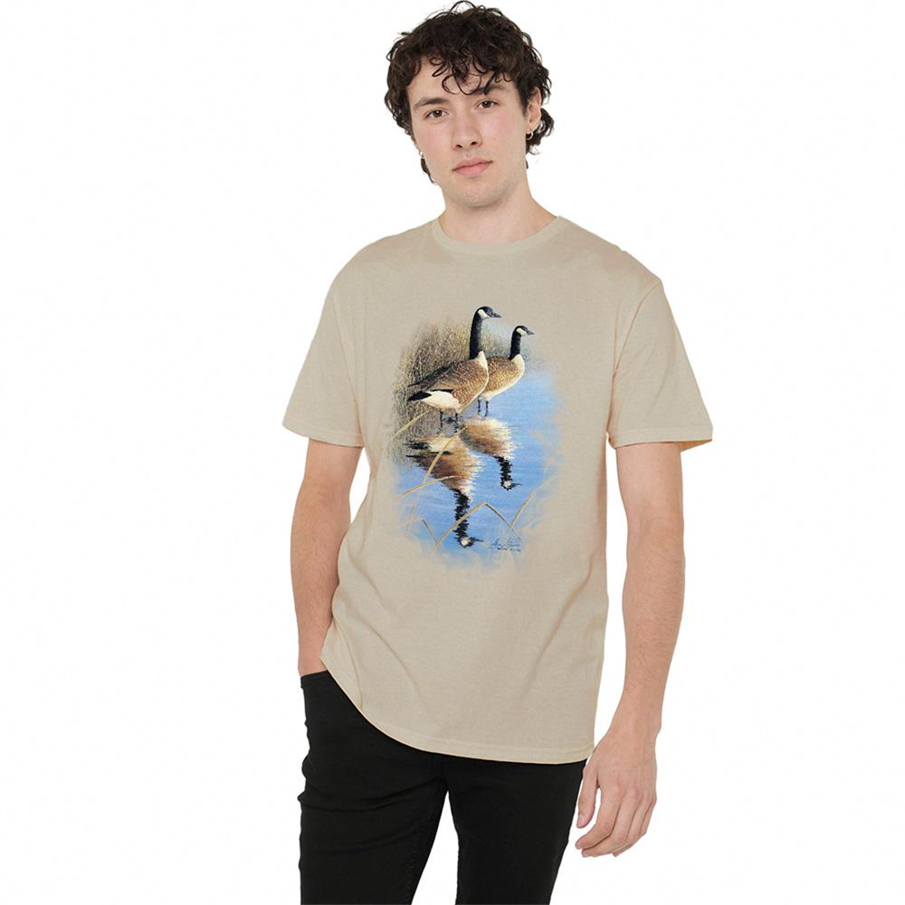 Sand - Side - Wild Wings Unisex Adult Wildlife Morning Reflections Canada Geese T-Shirt