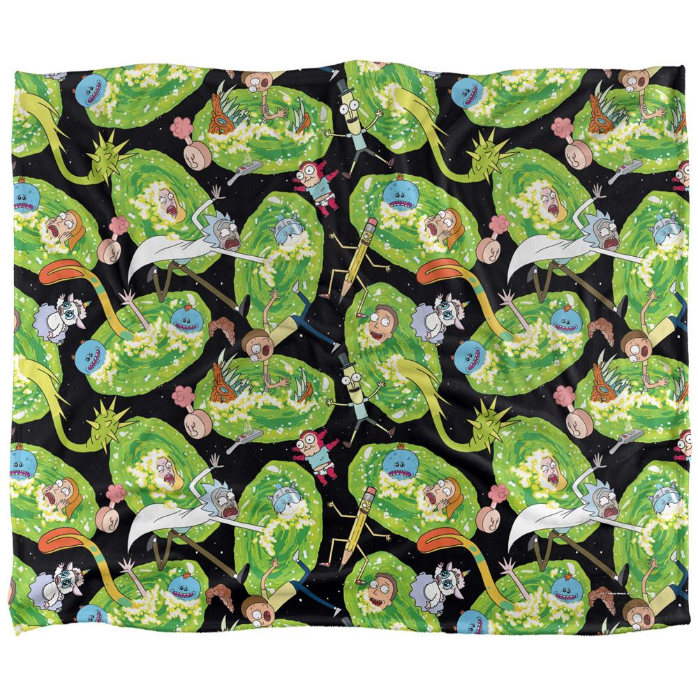 Black-Green - Front - Rick And Morty Portal Mayhem Silky Supersoft Blanket