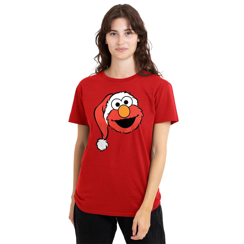 Red - Pack Shot - Sesame Street Womens-Ladies Elmo Santa Hat Christmas T-Shirt