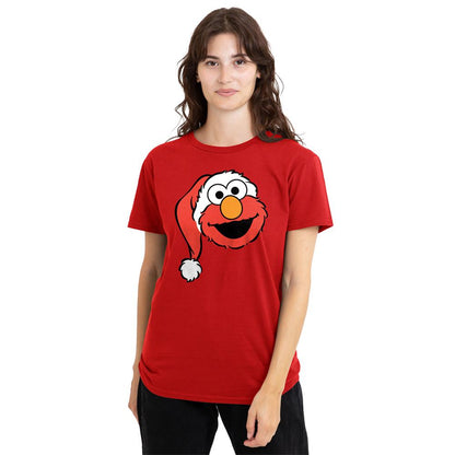 Red - Pack Shot - Sesame Street Womens-Ladies Elmo Santa Hat Christmas T-Shirt