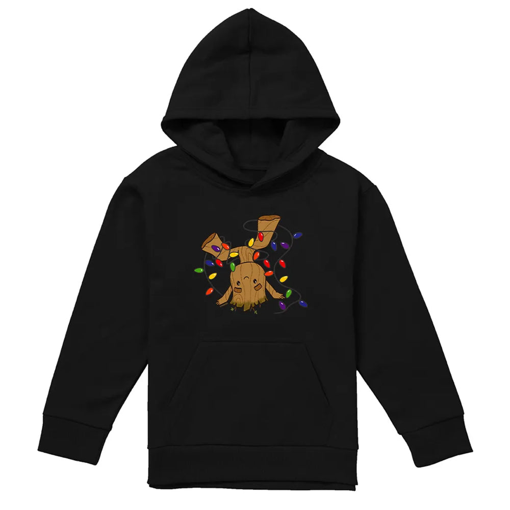 Black - Front - Guardians Of The Galaxy Childrens-Kids Groot Christmas Lights Pull Over Hoodie