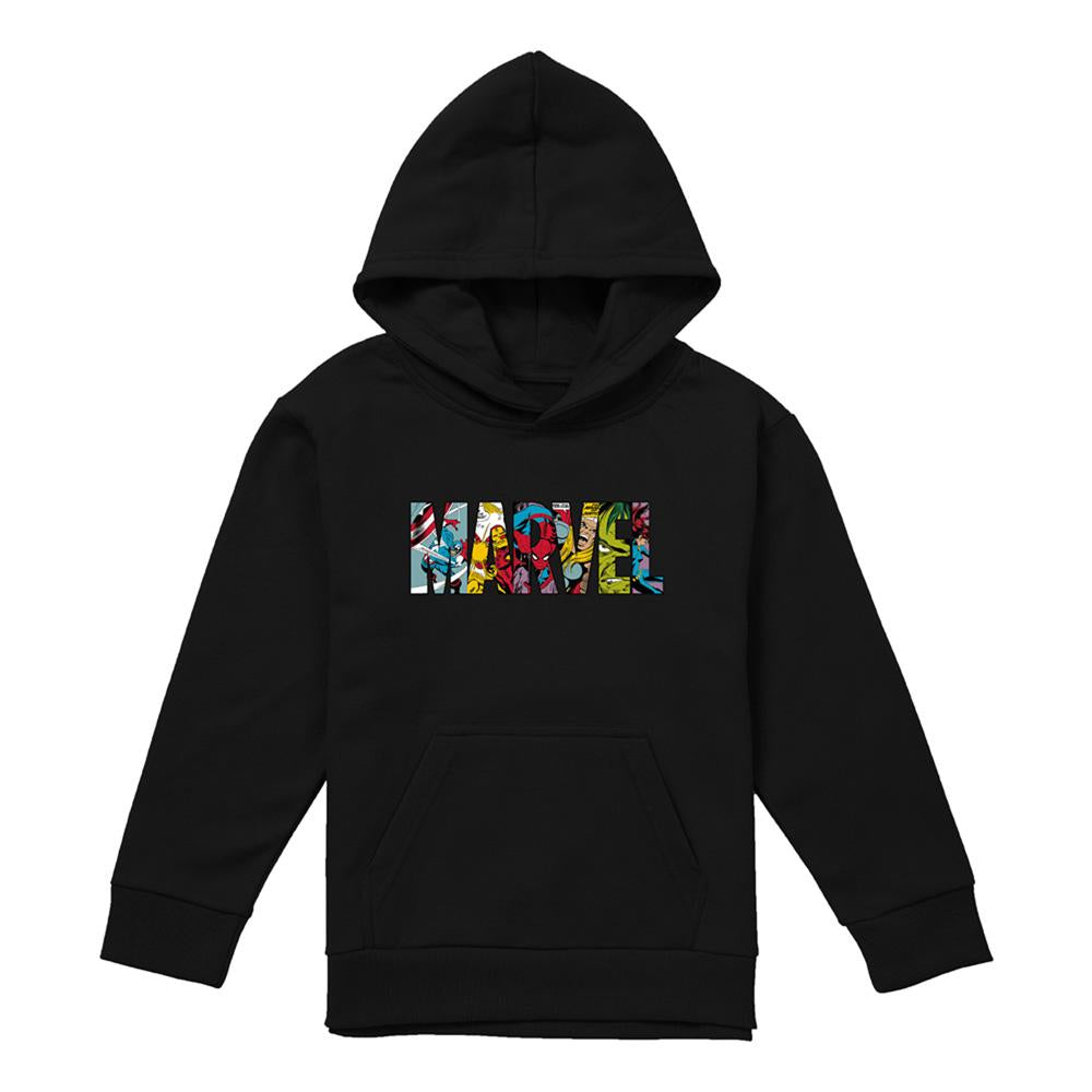 Black - Front - Marvel Childrens-Kids Characters Logo Pullover Hoodie
