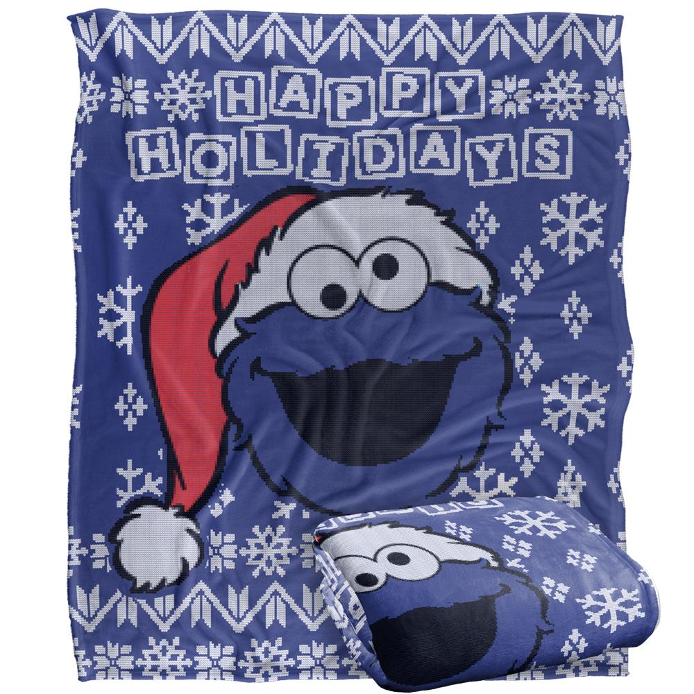 Blue - Back - Sesame Street Silky Christmas Sweater Cookie Monster Supersoft Blanket