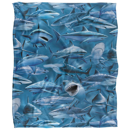 Blue-Grey - Front - Royce McClure Attack Silky Great White Shark Supersoft Blanket