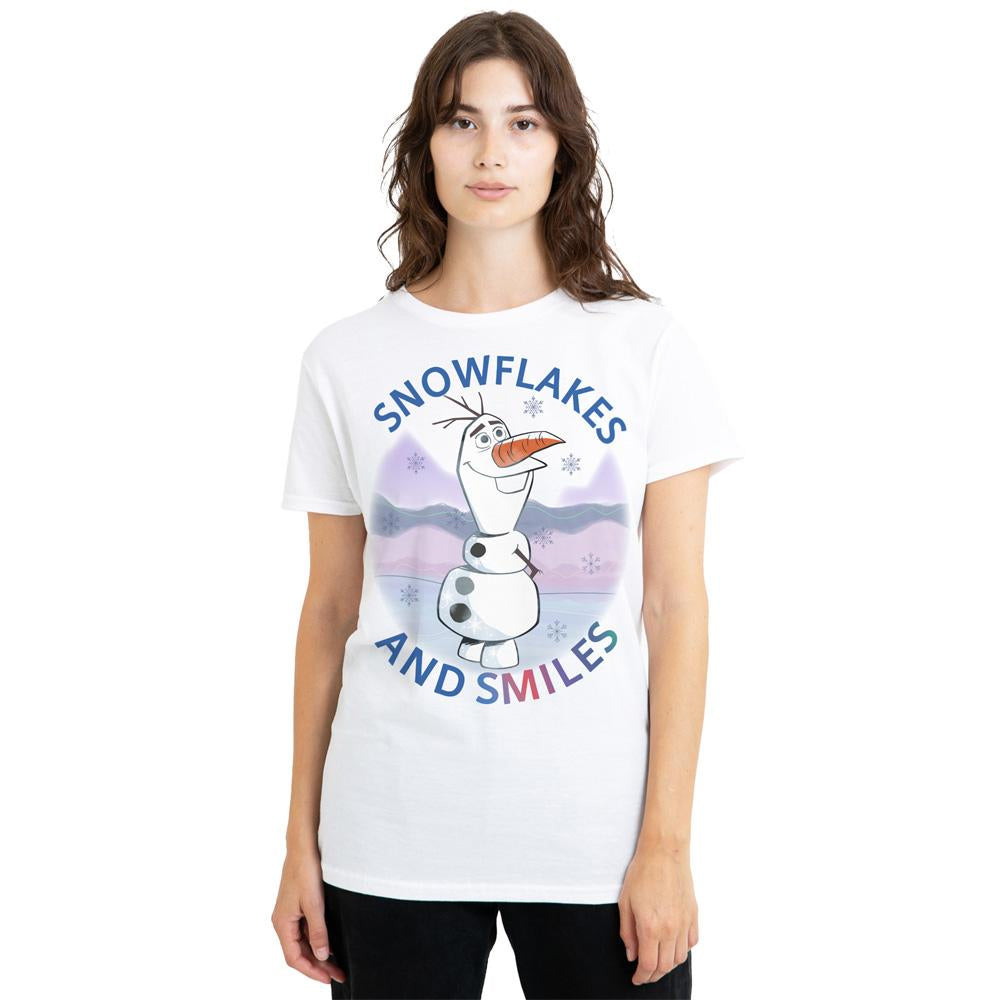 White - Lifestyle - Frozen Womens-Ladies Snowflakes And Smiles Olaf T-Shirt