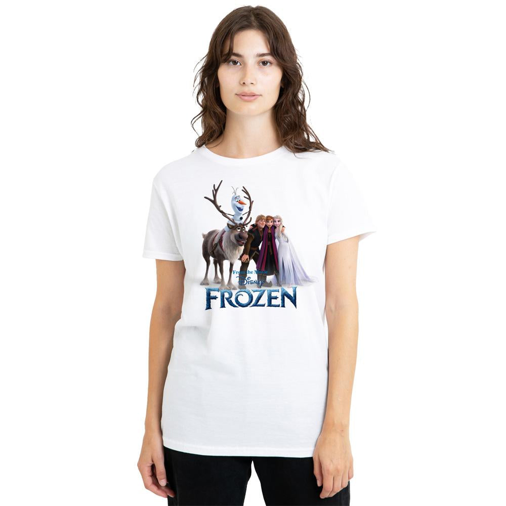 White - Lifestyle - Frozen Womens-Ladies Elsa Anna Kristoff Olaf Group Shot T-Shirt
