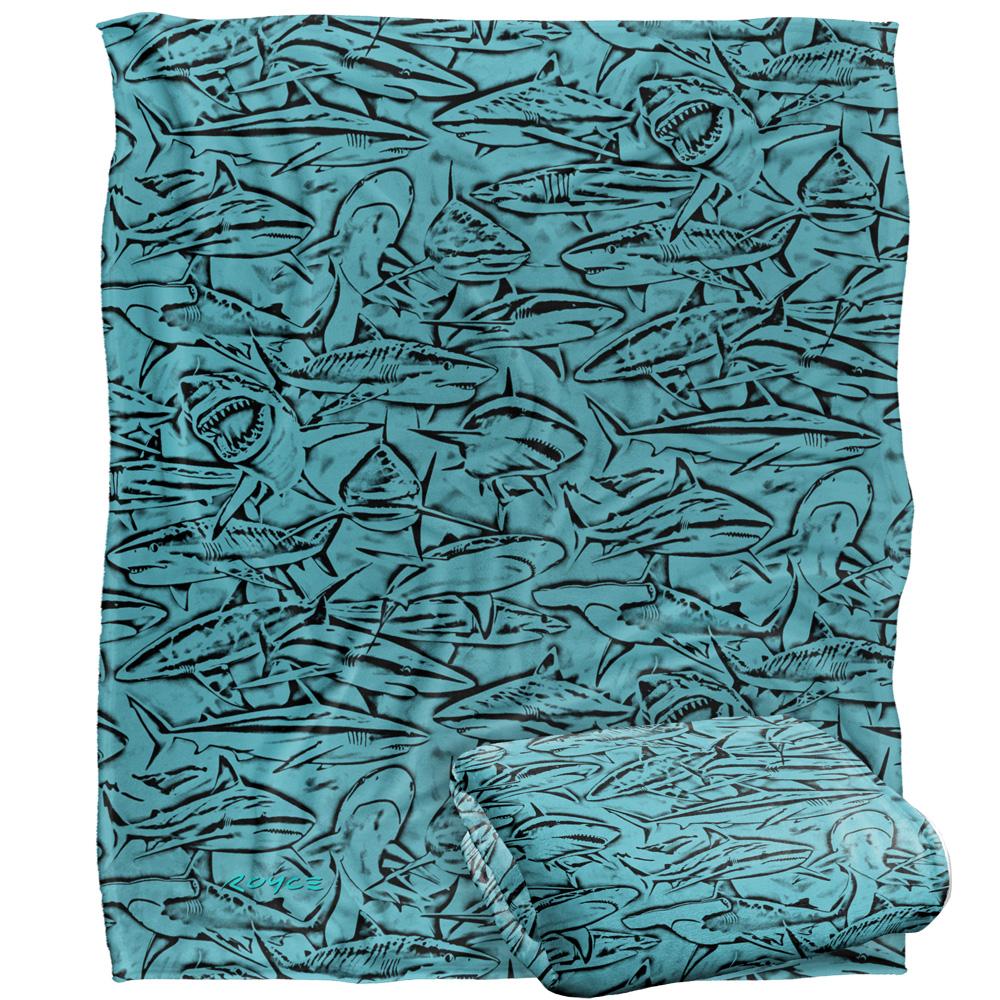 Blue-Black - Back - Royce McClure Silky Great White Shark Woodcut Supersoft Blanket